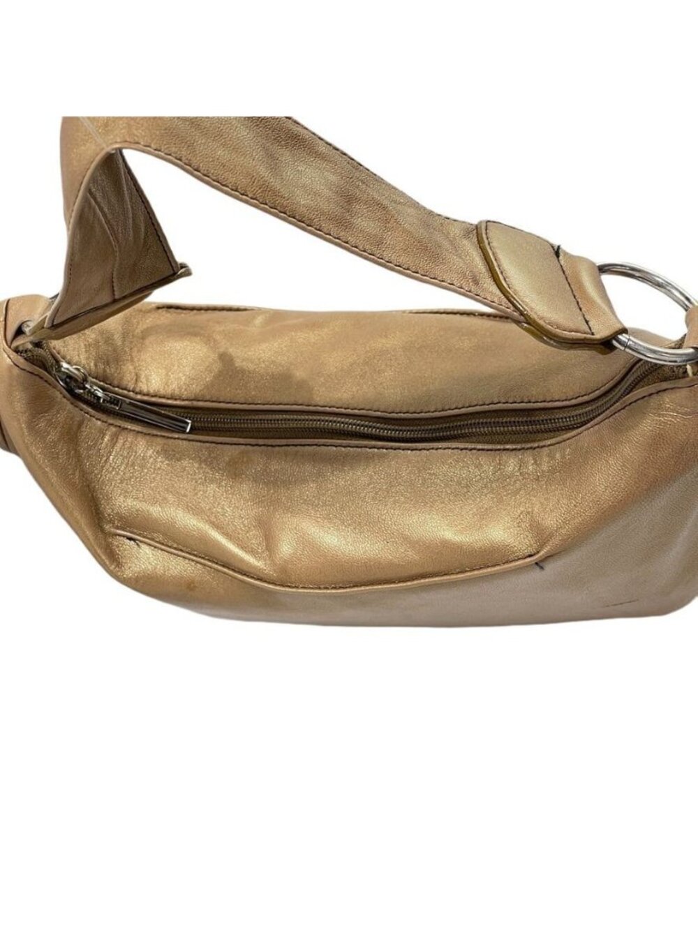 Bolsa Metallic Gold Lambskin Leather Shoulder Bag With Ultrasuede Lining Zip Clo - Picture 10 of 14